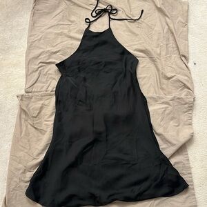 Meshki atlas satin bow mini dress black